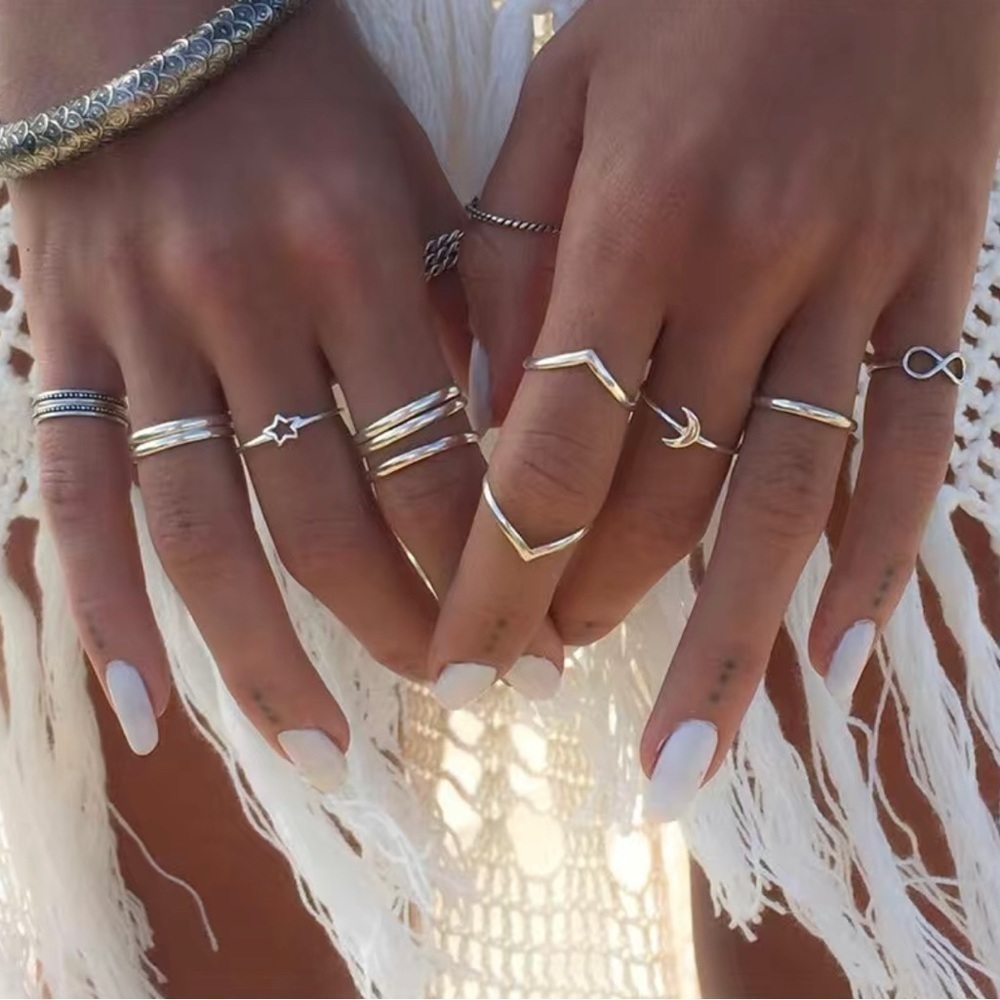 Simple Bohemian Ancient Silver Infinity Pentagram Shape Ring 12pcs